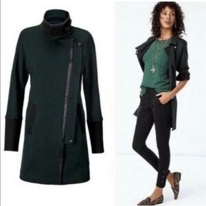 CAbi Green and Black Leather Trim Renaissance Asymmetrical Zip Pea Coat Size XS